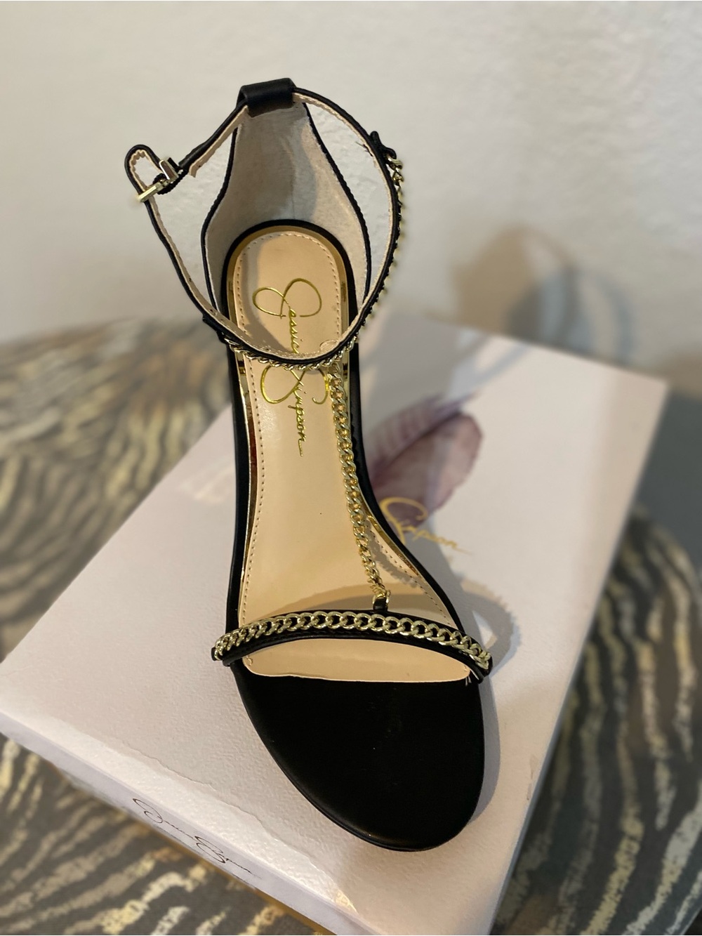 Jessica Simpson Black Ankle-Strap Heels with Gold Chain